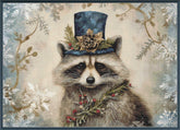 Raccoon wearing a top hat with floral decorations against a winter-themed background